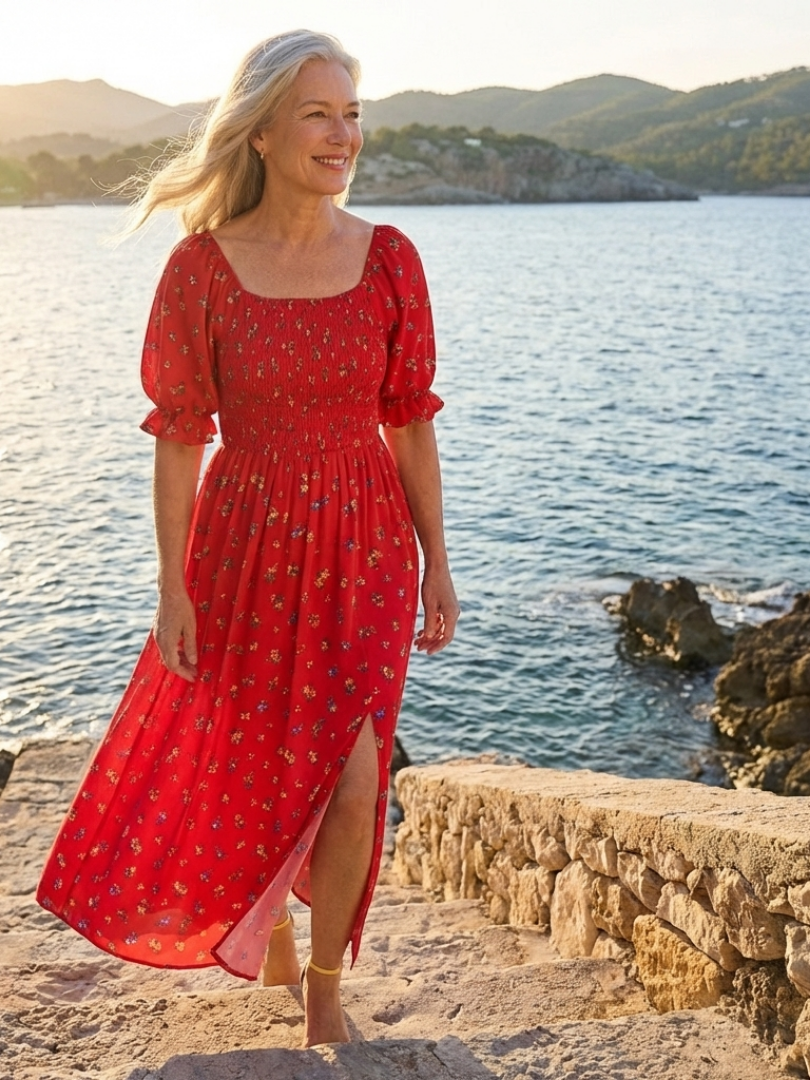 Delphine | Vestido midi con escote cuadrado y estampado floral