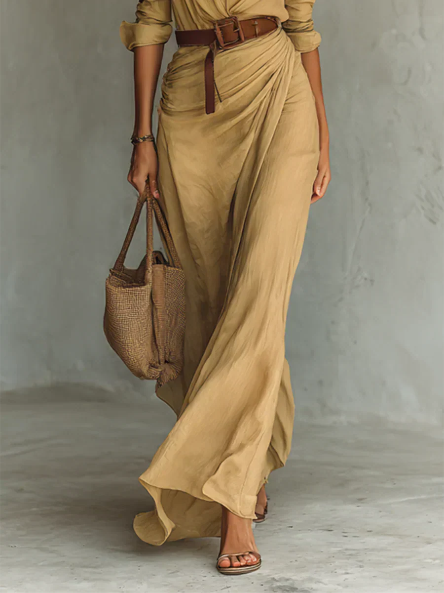 Camille™ | Vestido maxi con solapas y cinturón a la cintura