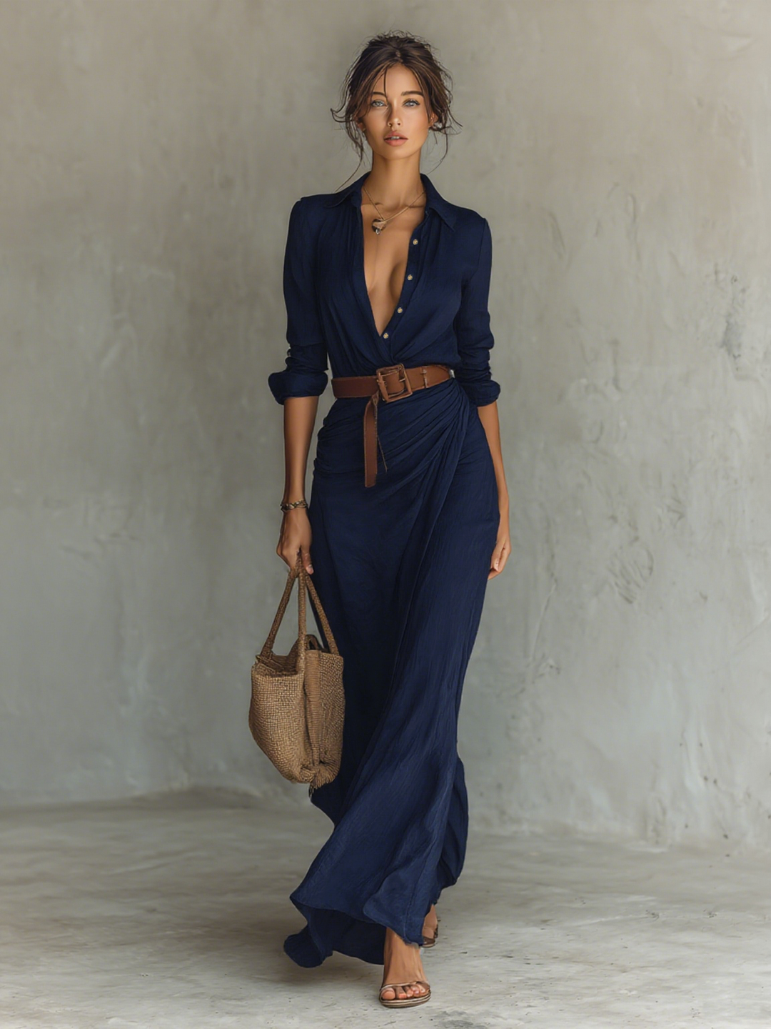 Vestido maxi con cuello de solapa y mangas largas