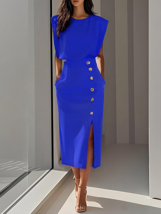 Malene™ | Vestido midi liso con abertura de botones y escote redondeado