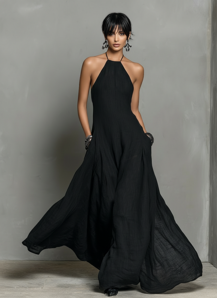 Vestido Maxi Sin Mangas de Mezcla de Lino Minimalista para Mujeres MDZ2210A0Y