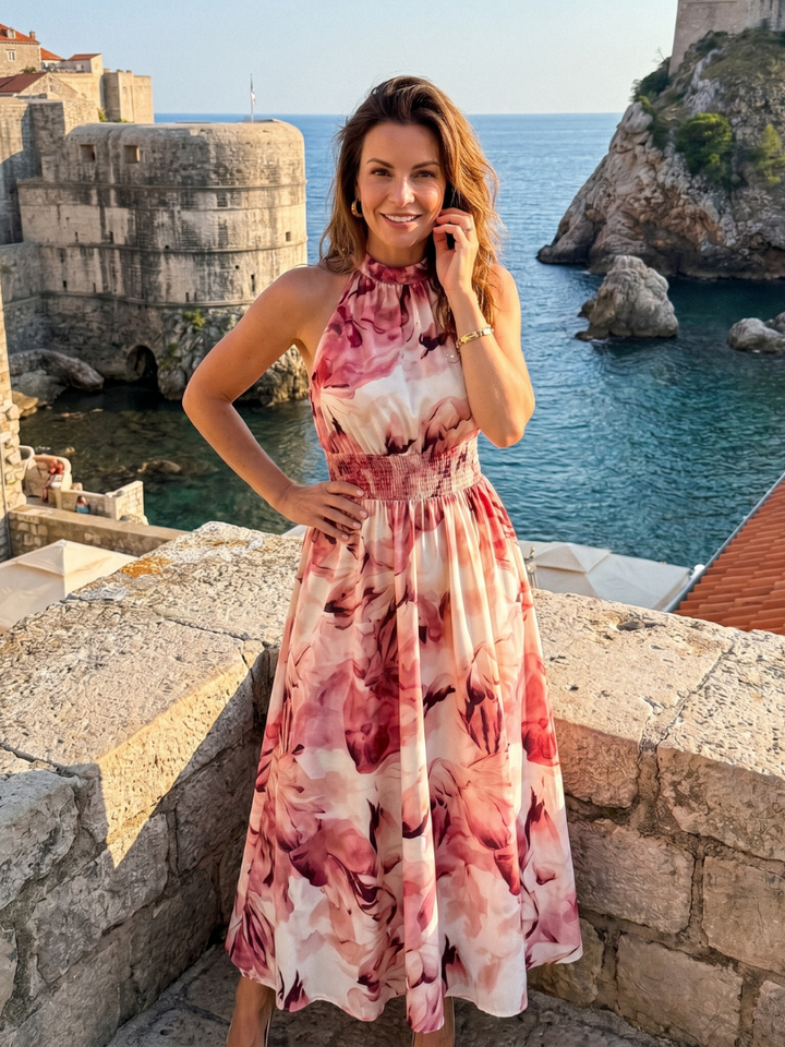Olivia | Vestido midi con cintura fruncida y estampado abstracto
