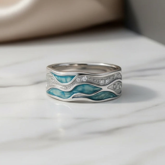 Anillo de Plata Elegante Turquesa con Motivos de Olas