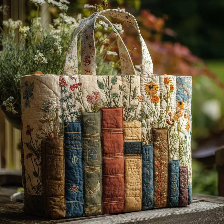 Bolsa de tela acolchada hecha a mano - Libros y Flores