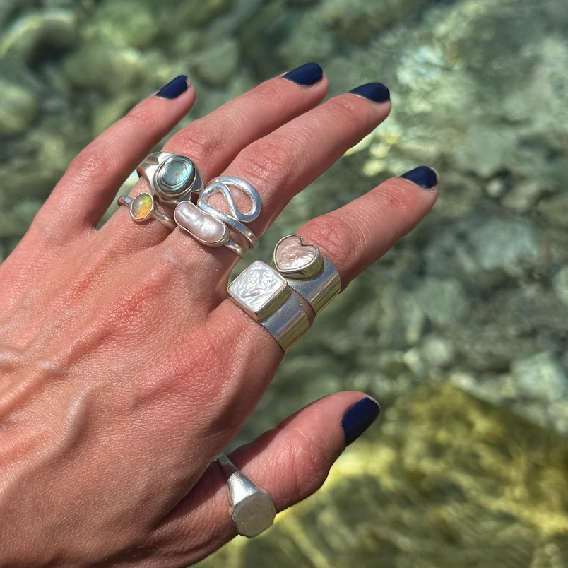 Gran Anillo Sello en Concha de Abulón en Plata Esterlina 925 - Anillo de Madreperla, Anillo Statement azul hecho a mano