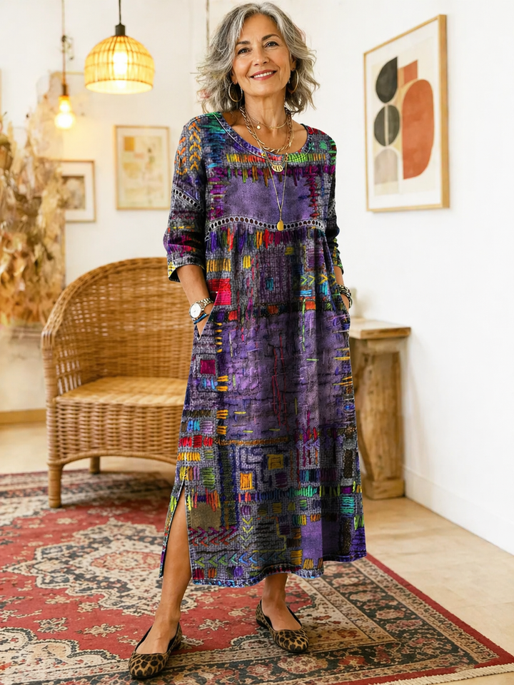 Manuela | Vestido de Denim con Patchwork Étnico