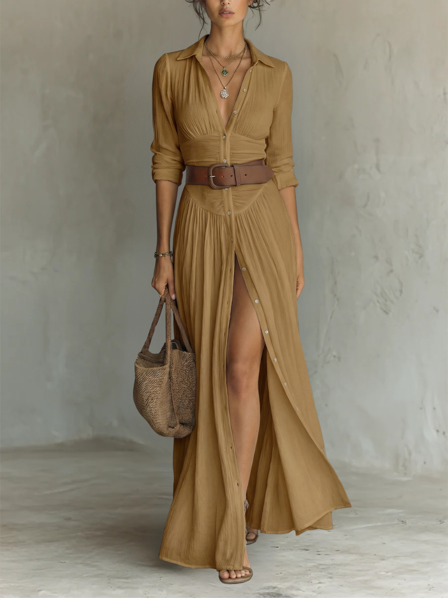 Robe Maxi Con Cuello Revers Manches Longues
