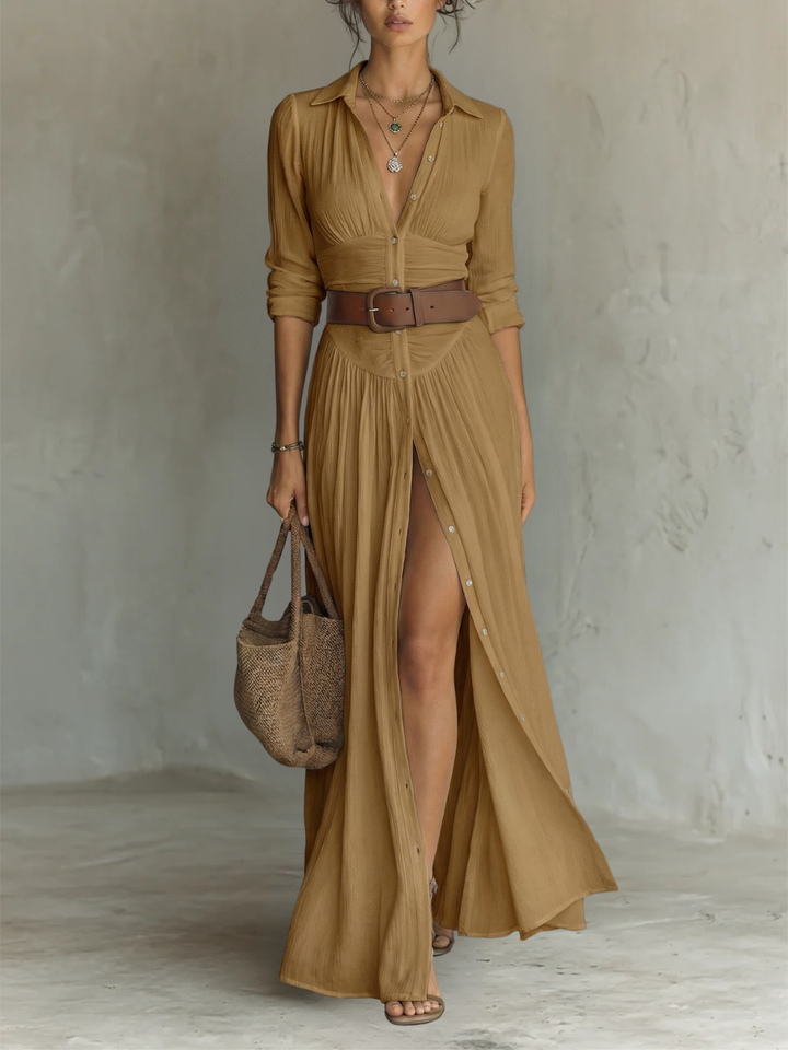 Robe Maxi Con Cuello Revers Manches Longues