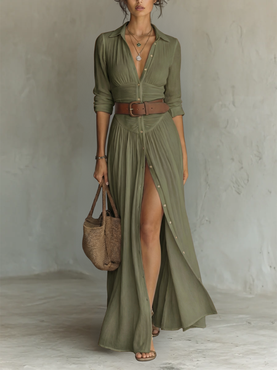Robe Maxi Con Cuello Revers Manches Longues