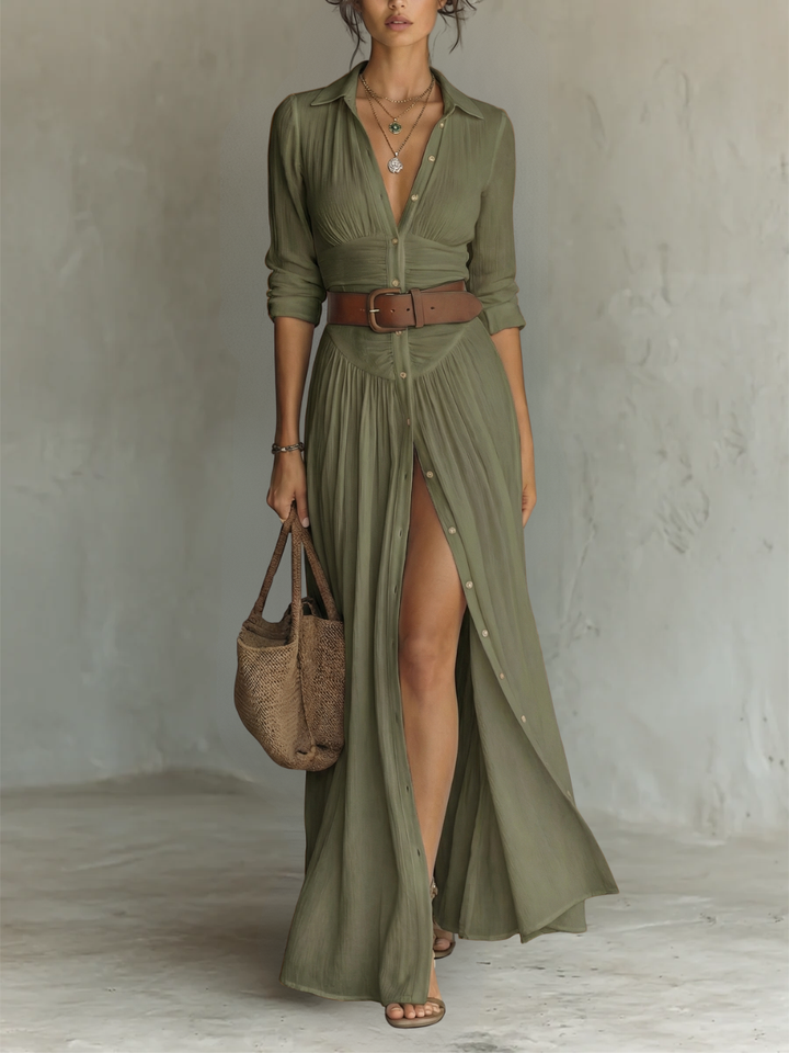 Robe Maxi Con Cuello Revers Manches Longues