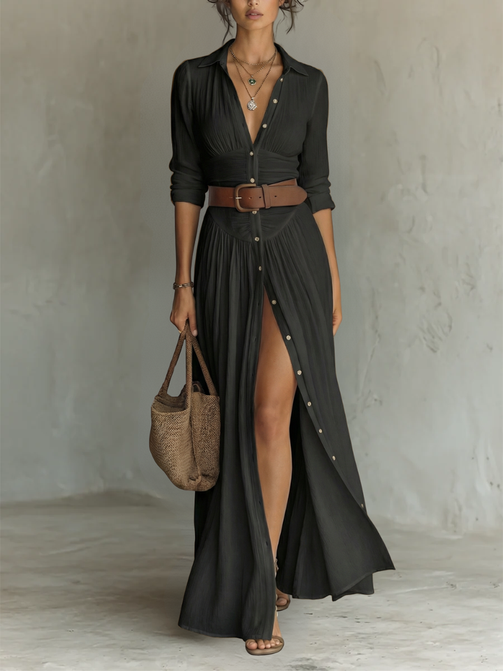 Robe Maxi Con Cuello Revers Manches Longues