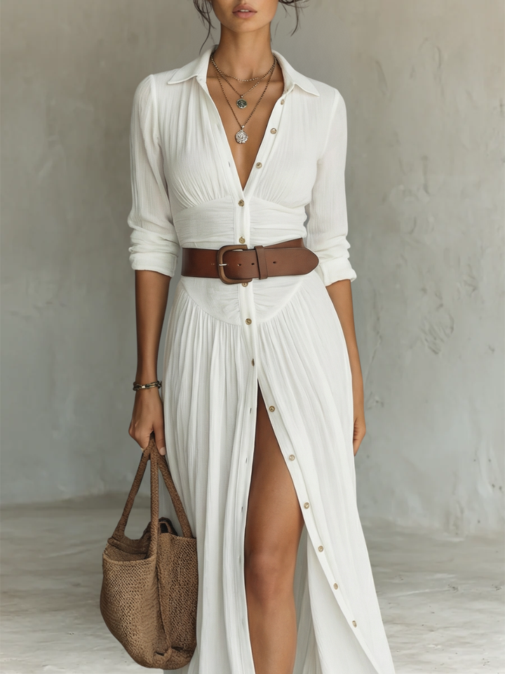 Robe Maxi Con Cuello Revers Manches Longues