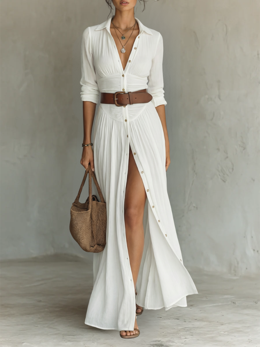 Robe Maxi Con Cuello Revers Manches Longues