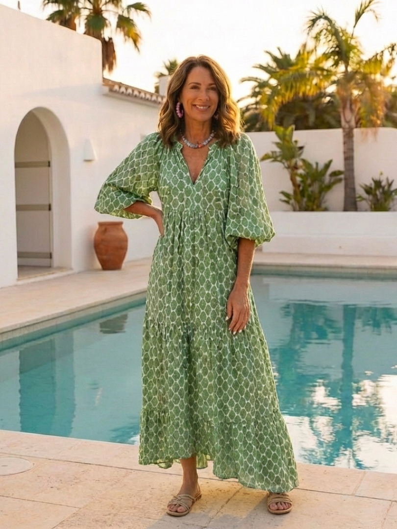 Apolline | Vestido midi de manga tres cuartos y escote en V con estampado