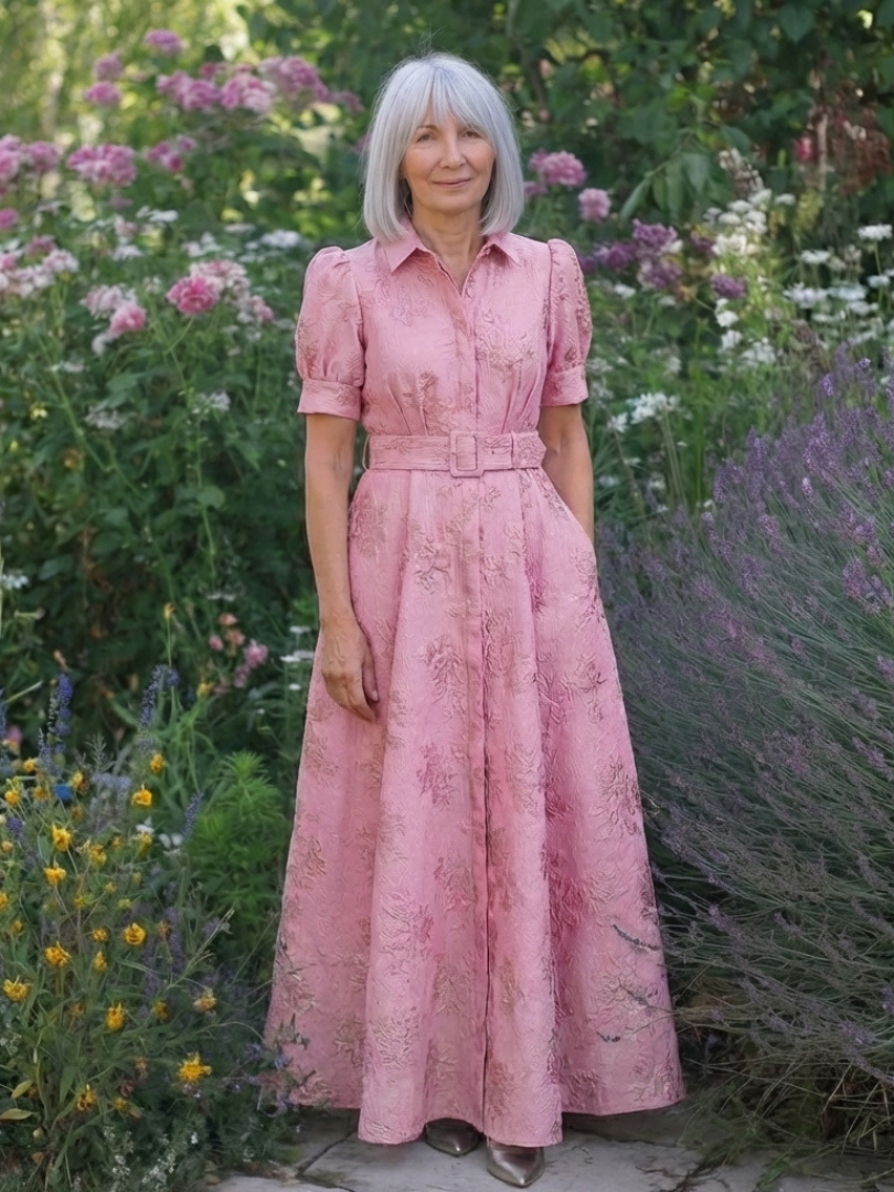 Xanthea | Vestido maxi de mangas cortas, ajustado, con estampado floral