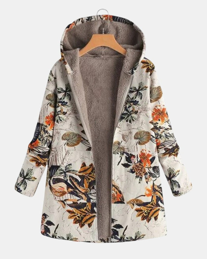 Elena - Abrigo Sherpa Bohemio con Flores y Capucha