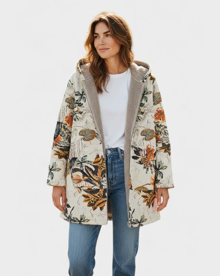 Elena - Abrigo Sherpa Bohemio con Flores y Capucha