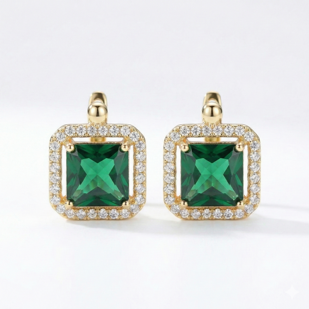 Pendientes de Oro con Zirconia Verde Cuadrada
