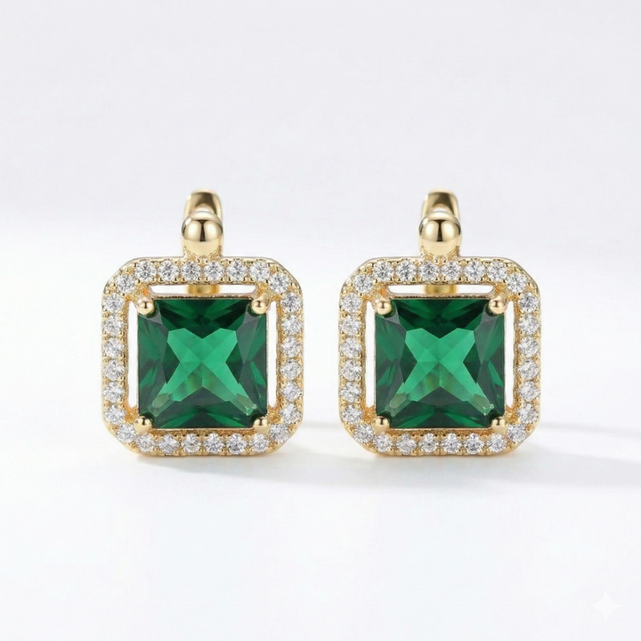 Pendientes de Oro con Zirconia Verde Cuadrada