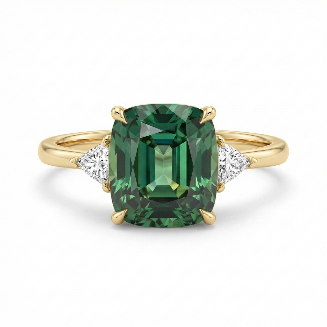 Anillo de oro con piedras preciosas verdes inspirado en lo vintage