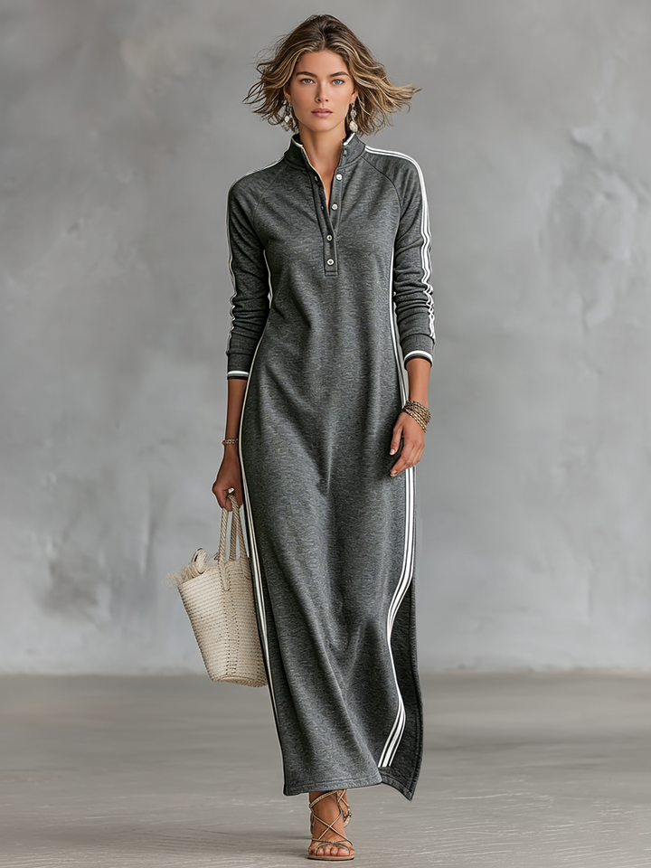 Vestido Maxi Sudadera Minimalista para Mujeres con Bordes Blancos y Botones MDA0958L0Y