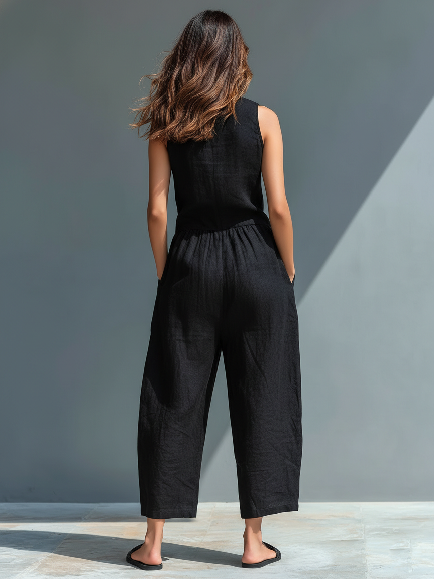 Mono sin mangas de lino mezclado para mujeres, cuello alto, informal, con botones MDZ2725A5Y