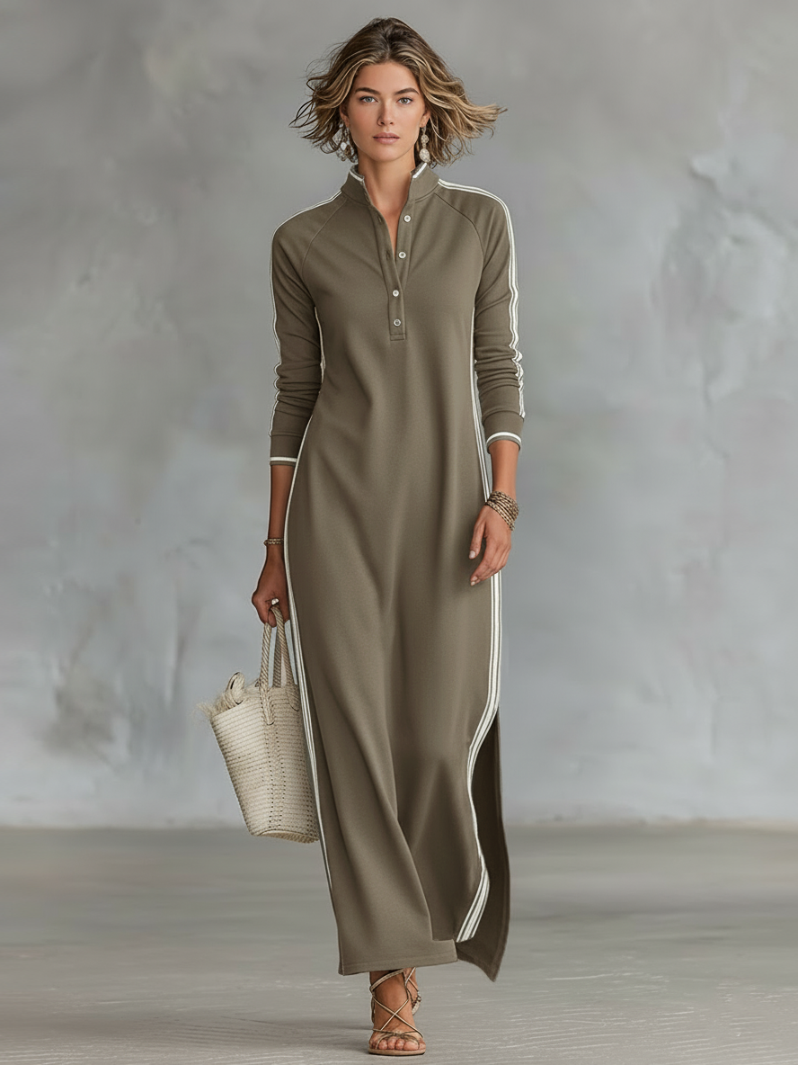 Vestido Maxi Sudadera Minimalista para Mujeres con Bordes Blancos y Botones MDA0958L0Y