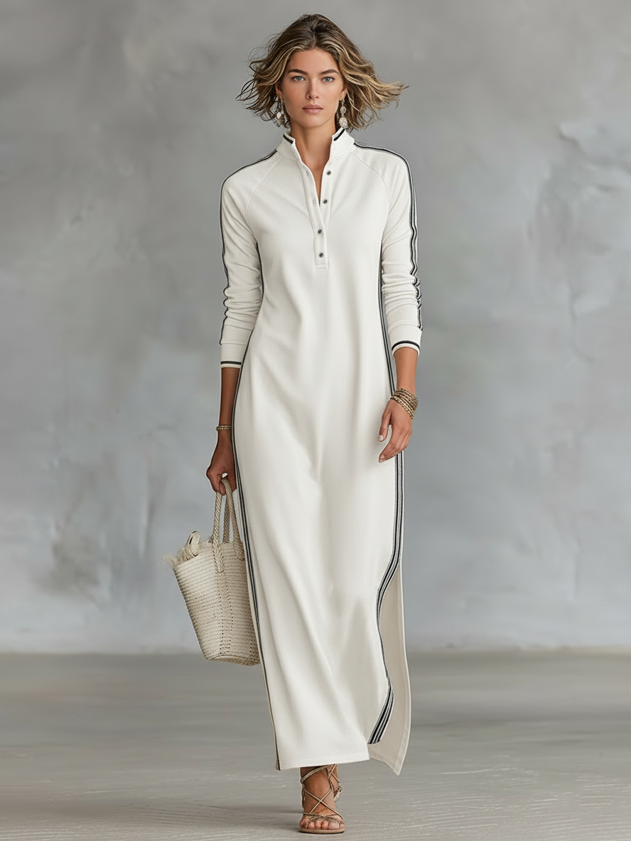 Vestido Maxi Sudadera Minimalista para Mujeres con Bordes Blancos y Botones MDA0958L0Y