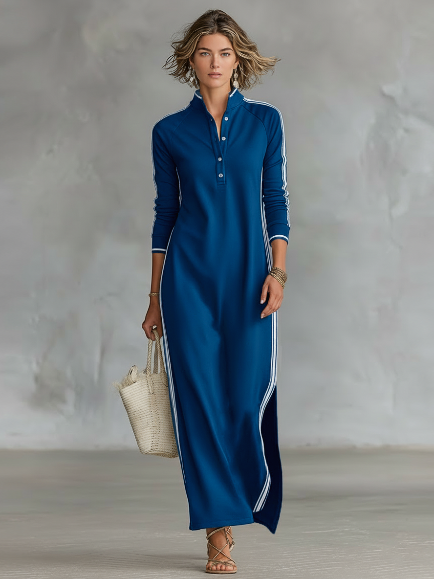 Vestido Maxi Sudadera Minimalista para Mujeres con Bordes Blancos y Botones MDA0958L0Y