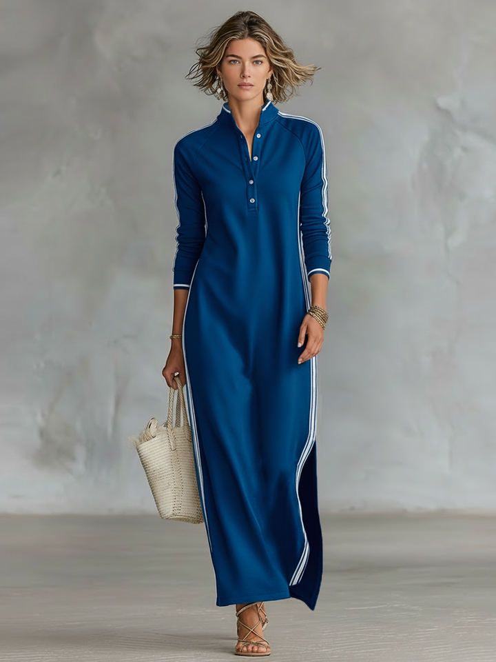 Vestido Maxi Sudadera Minimalista para Mujeres con Bordes Blancos y Botones MDA0958L0Y