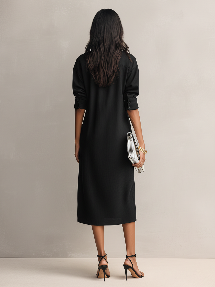 Ropa Midi Elegante Mujer en Mezcla de Algodón-Lino Negro con Cuello de Camisa y Mangas Cortas MDZ0455C2AN
