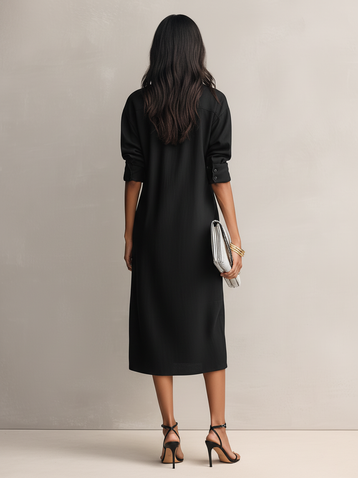 Ropa Midi Elegante Mujer en Mezcla de Algodón-Lino Negro con Cuello de Camisa y Mangas Cortas MDZ0455C2AN