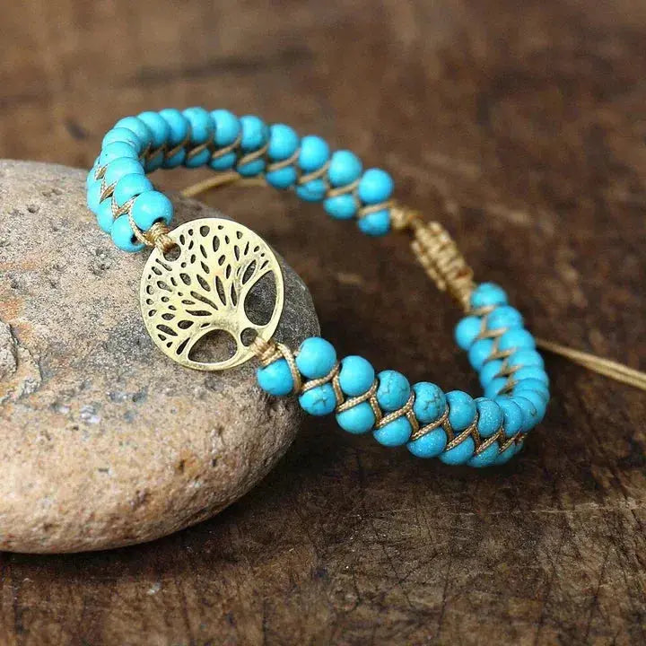 Pulsera Árbol de la Vida Hecha a Mano Piedra Turquesa
