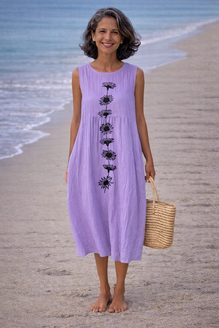 Emma | Vestido midi con flores moradas