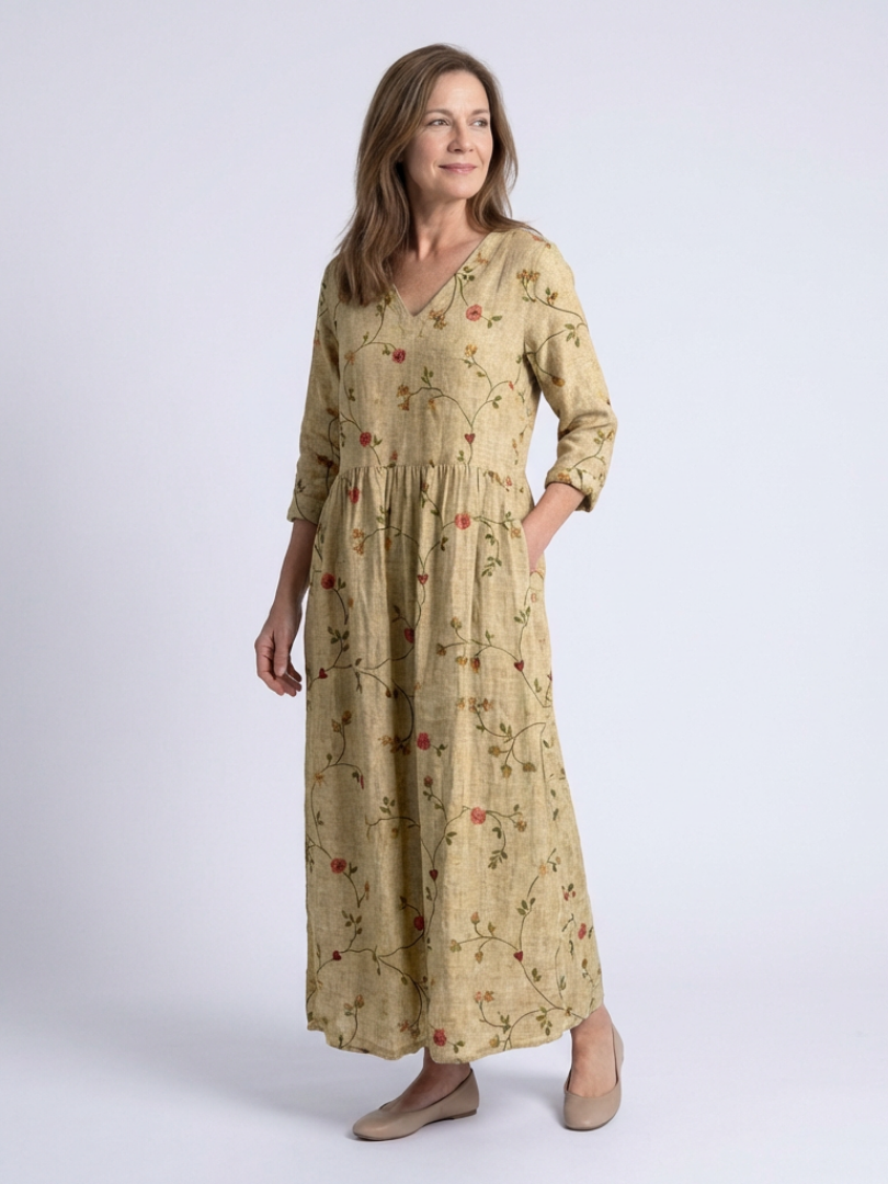 Marina | Vestido maxi con escote en V floral y mangas tres cuartos