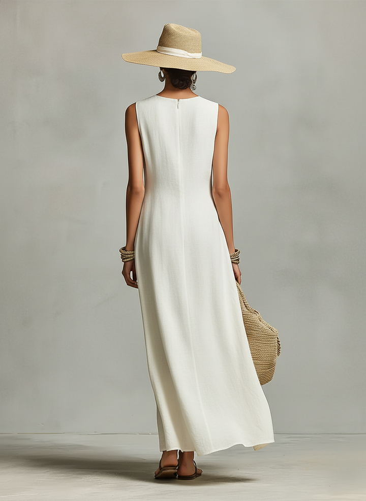 Vestido de Lino Transpirable Marfil para Mujeres con Detalle Sin Mangas y Dobladillo Asimétrico, Estilo Informal y Femenino Contemporáneo MDZ0408C2I