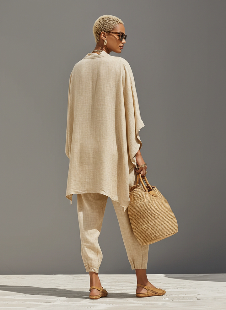 Conjunto Neutro de Lino para Mujeres con Dobladillo Asimétrico y Diseño Minimalista, Conjunto de Estilo Casual Refinado MDZ0501B3I