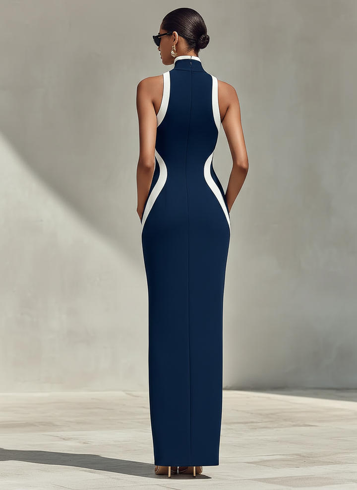 Ropa Formal Ajustada en Marino y Blanco con Detalle de Cierre de Cremallera Delante y Abertura Lateral, Elegante y Sin Esfuerzo MDZ1519D1LYL