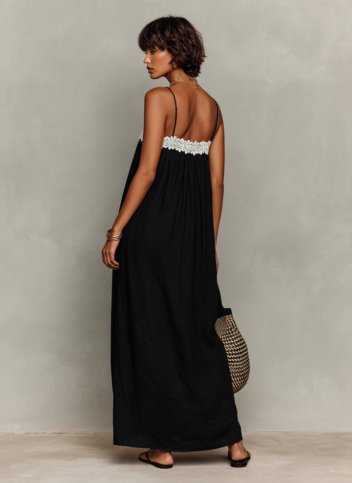 Vestido Maxi Sin Mangas en Mezcla de Lino Minimalista para Mujeres con Tirantes Espagueti MDZ1926C9Y