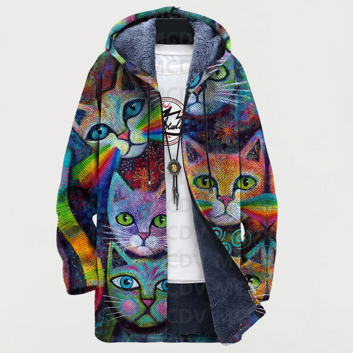 Sudadera con capucha con un gato sobre un arcoíris