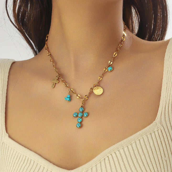 Collar Cruzado Turquesa Exclusivo en Acero Inoxidable