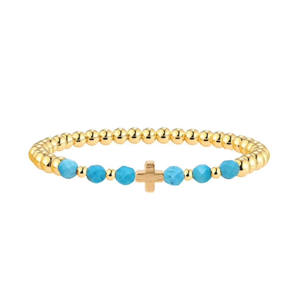 Pulsera de perlas de cruz vintage en turquesa