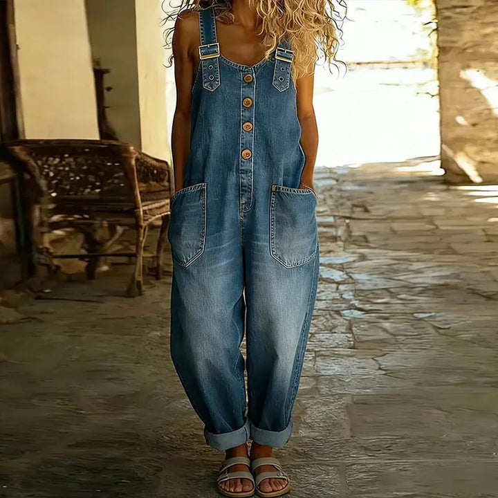 Carmen - Mono de denim vintage en algodón suave con tirantes ajustables