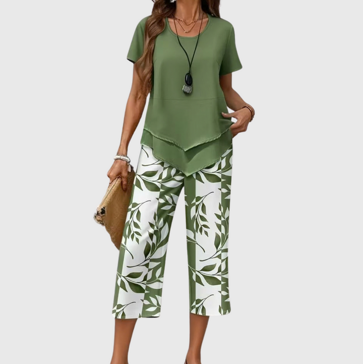 Avy™ | Conjunto de dos piezas casual con estampado de hojas