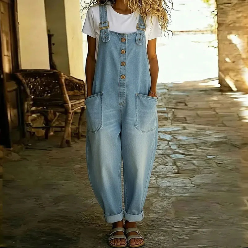 Carmen - Mono de denim vintage en algodón suave con tirantes ajustables