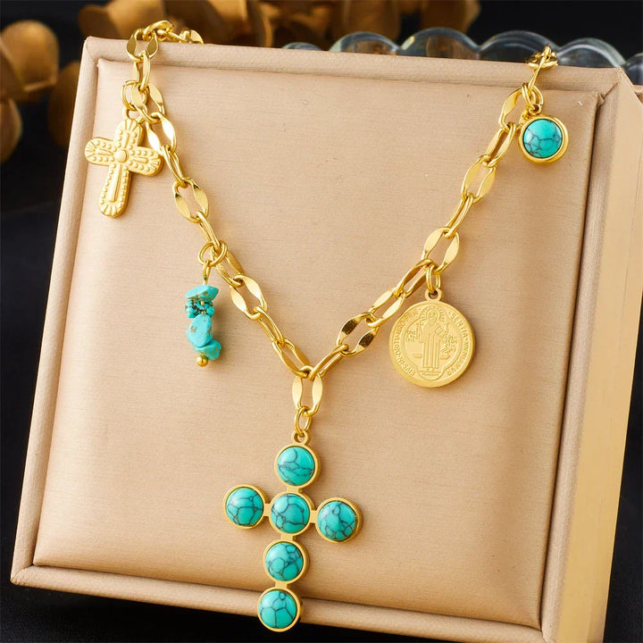 Collar Cruzado Turquesa Exclusivo en Acero Inoxidable