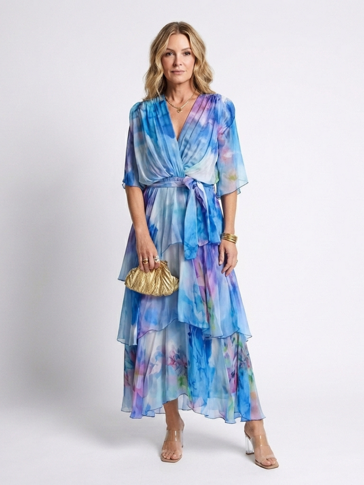 Calista | Vestido maxi transparente con escote en V y cinturón anudado