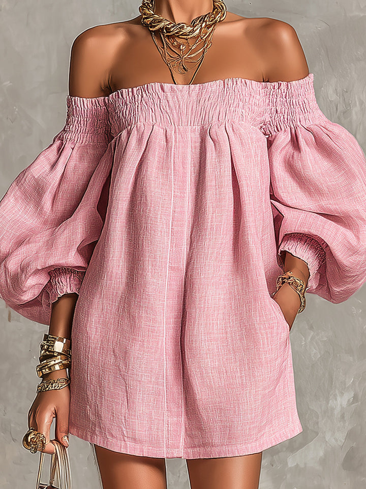 Violette | Mini vestido A-line rosa con mangas de farol y hombros descubiertos