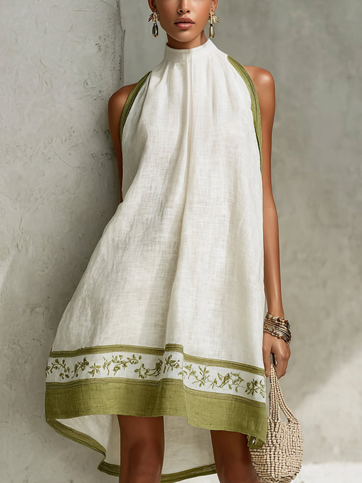 Agathe | Vestido Mini A-línea Sin Mangas Blanco y Verde Oliva con Flores