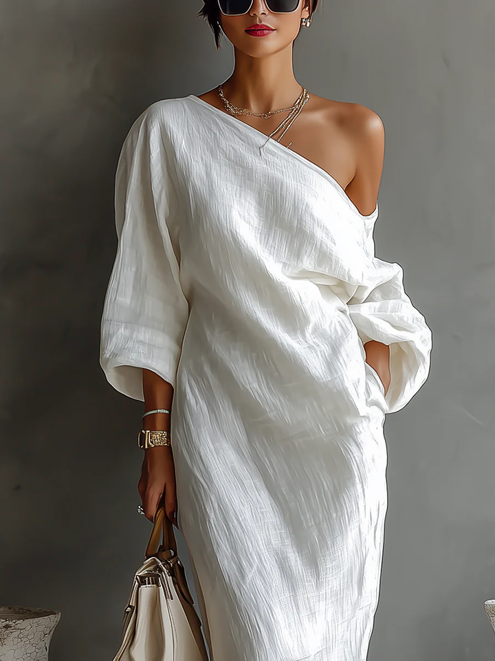 Elise™ | Elegante vestido maxi de un hombro en blanco
